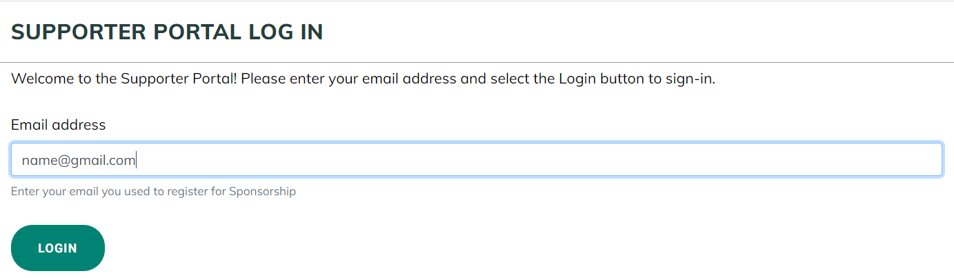 Supporter portal log in form with only an email address field and a login button