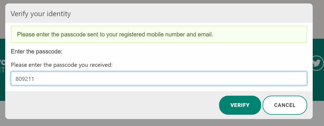 Pop up form that asks for the verification code sent by SMS or email