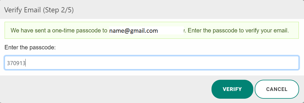 Step 2 of 5: Pop up form for the verification code sent by email. There are two buttons: Verify and Cancel