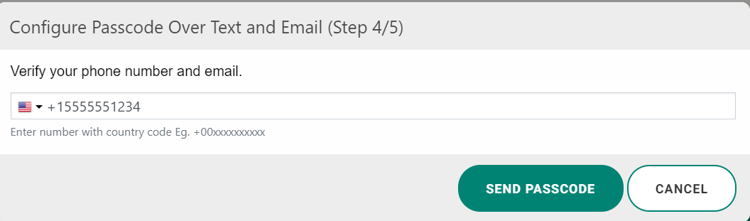 Step 4 of 5: Enter the phone number. The form has a field for the country code and another one for the number