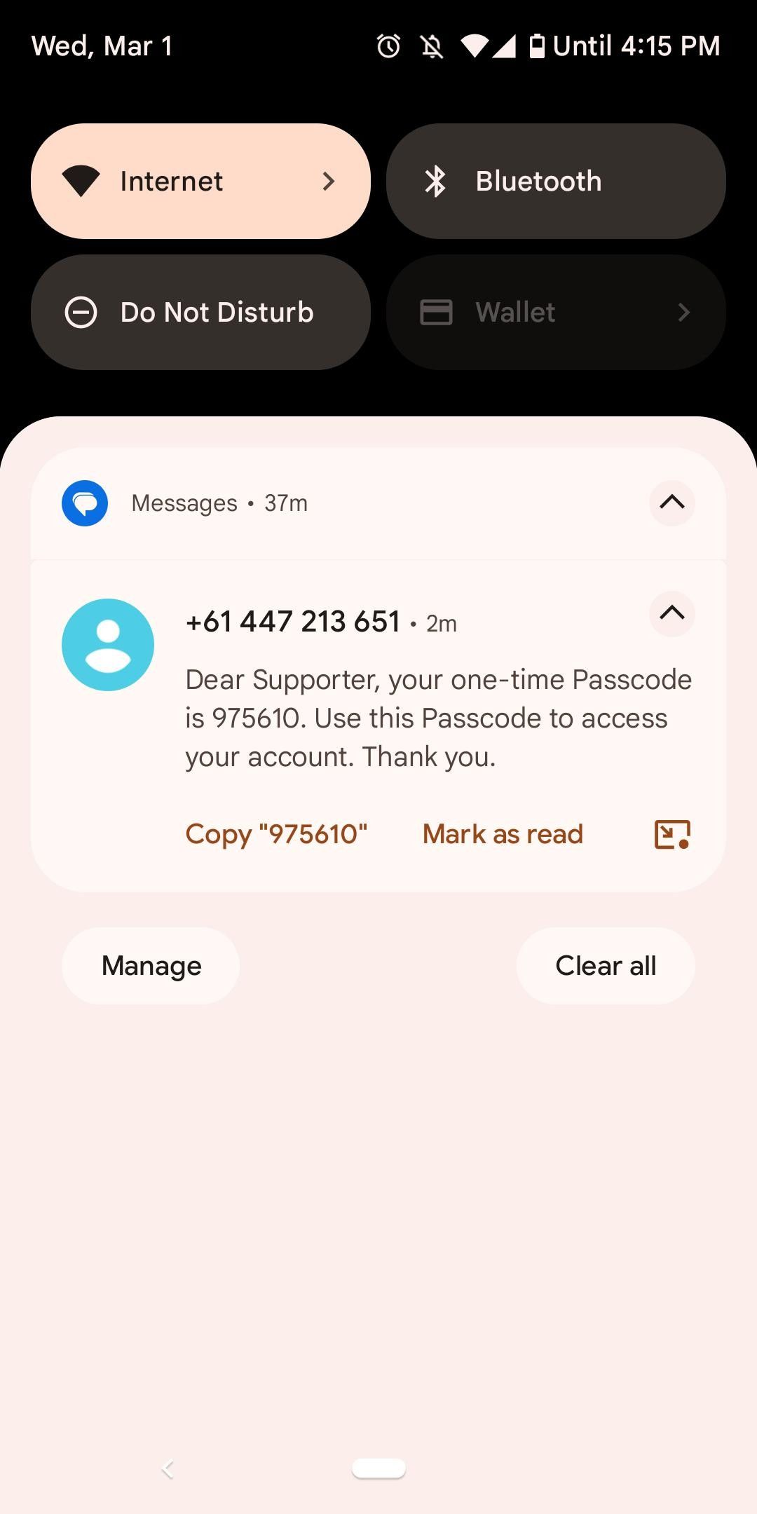 Mobile phone with a notification with the passcode. The message starts with the words: Dear Supporter, your One-time passcode requested to access your account is...